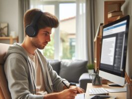 Un joven con audífonos sentado frente a su computadora, tomando notas mientras estudia con micro aprendizaje
