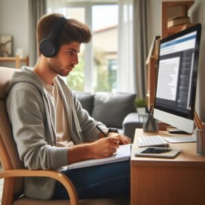 Un joven con audífonos sentado frente a su computadora, tomando notas mientras estudia.