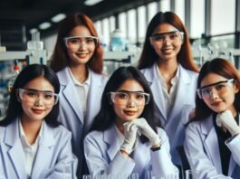 Grupo de mujeres en batas blancas sentadas en un banco de laboratorio, con varios equipos científicos y material de vidrio con líquidos de colores azul, naranja y morado