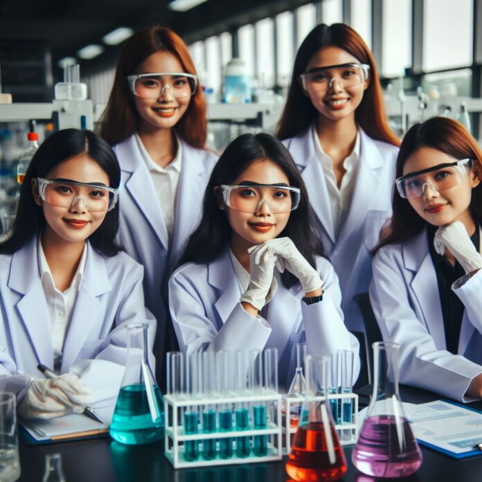 Grupo de mujeres en batas blancas sentadas en un banco de laboratorio, con varios equipos científicos y material de vidrio con líquidos de colores azul, naranja y morado