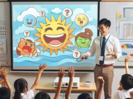 "Profesor enseñando sobre educar con emociones a un grupo de niños en el aula de clase"