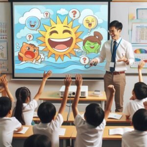 Profesor enseñando sobre educar con emociones a un grupo de niños en el aula de clase.