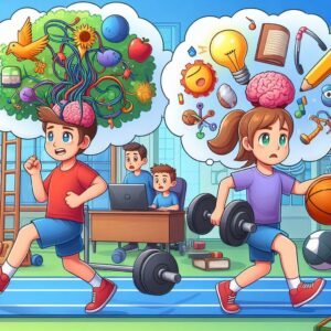 Niños corriendo y levantando pesas, con burbujas de pensamiento que muestran imágenes de cerebros, actividades físicas, y elementos educativos. 