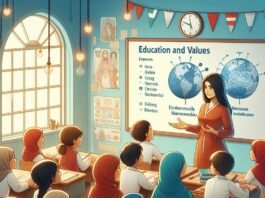 Se muestra en el aula de clases con estudiantes mirando una presentación titulada 'Educación y Valores', describiendo los valores globales como 'Honestidad', 'Igualdad', 'Hermanos' y 'Generosidad/Consideración', con carteles educativos en las paredes