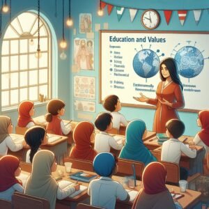 Se muestra en el aula de clases con estudiantes mirando una presentación titulada 'Educación y Valores', describiendo los valores globales como 'Honestidad', 'Igualdad', 'Hermanos' y 'Generosidad/Consideración', con carteles educativos en las paredes