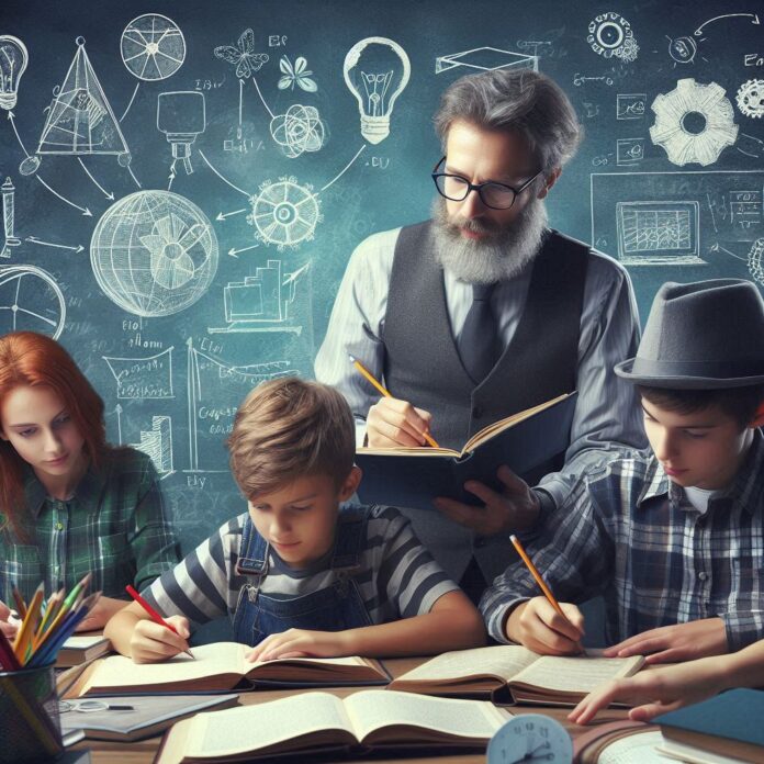 El docente apoyando a su alumno con sus trabajos en el aula de clase.