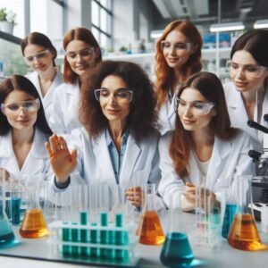 Grupo de mujeres en batas blancas paradas detrás de un banco de laboratorio con varios equipos científicos y material de vidrio con líquidos de colores azul, verde y naranja.