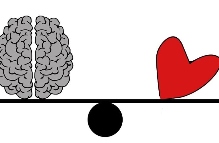 Un corazón y un cerebro yacen en una balanza, creando un equilibrio perfecto que ilustra la esencia de la inteligencia emocional.