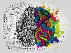  Un cerebro dividido en dos mitades: la izquierda muestra símbolos matemáticos y ecuaciones, representando el pensamiento lógico y tradicional; la derecha está llena de colores vibrantes y elementos artísticos, simbolizando la creatividad y la influencia del arte.